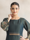 Teal Printed Silk Party Wear Unstitched Suit Set with Designer Neck