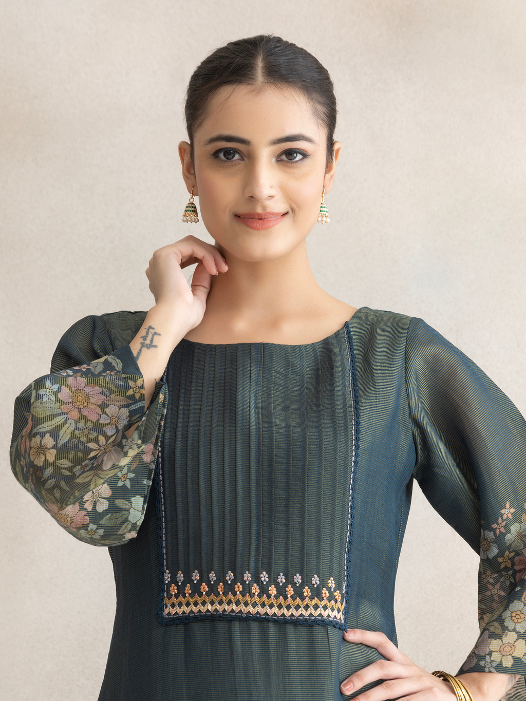 Teal Printed Silk Party Wear Unstitched Suit Set with Designer Neck