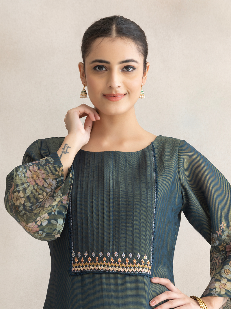 Teal Printed Silk Party Wear Unstitched Suit Set with Designer Neck