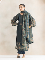 Teal Printed Silk Party Wear Unstitched Suit Set with Designer Neck