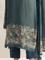 Teal Printed Silk Party Wear Unstitched Suit Set with Designer Neck