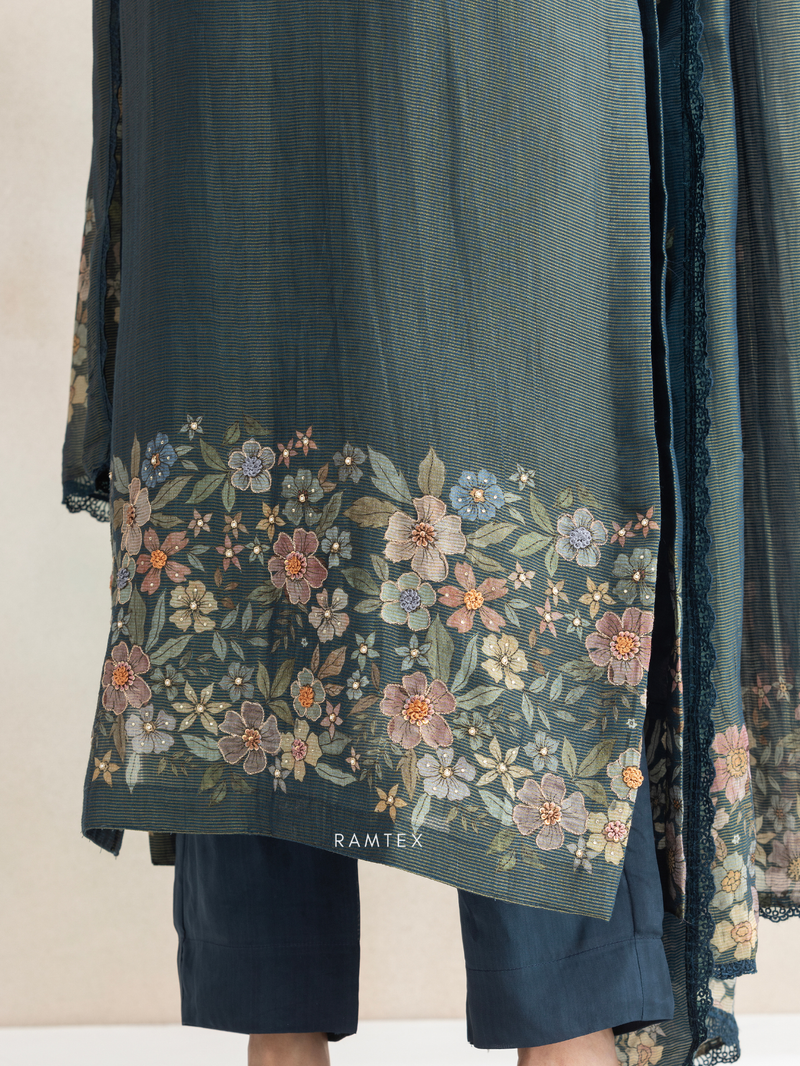 Teal Printed Silk Party Wear Unstitched Suit Set with Designer Neck