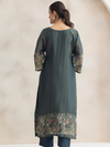 Teal Printed Silk Party Wear Unstitched Suit Set with Designer Neck