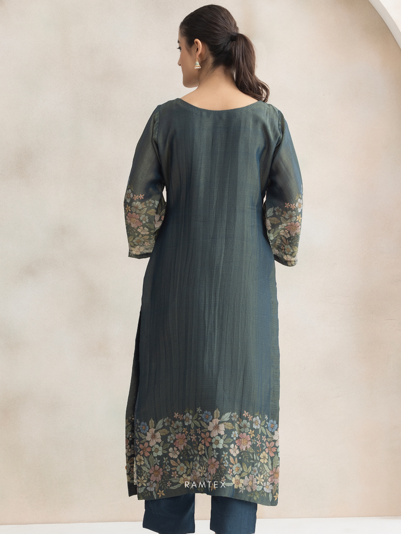 Teal Printed Silk Party Wear Unstitched Suit Set with Designer Neck