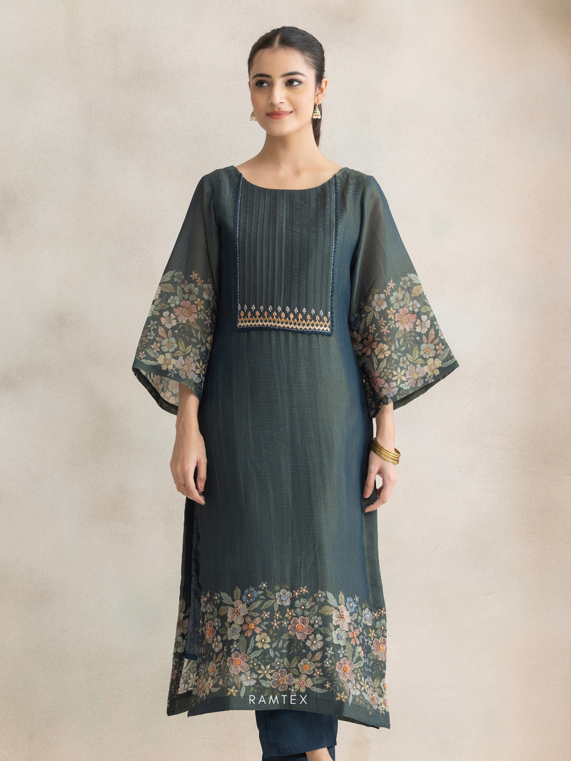 Teal Printed Silk Party Wear Unstitched Suit Set with Designer Neck
