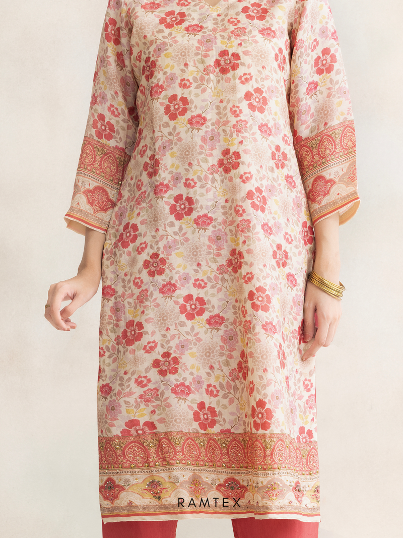 Pink Silk Printed Stitched Suit Set with Hand & Aari work