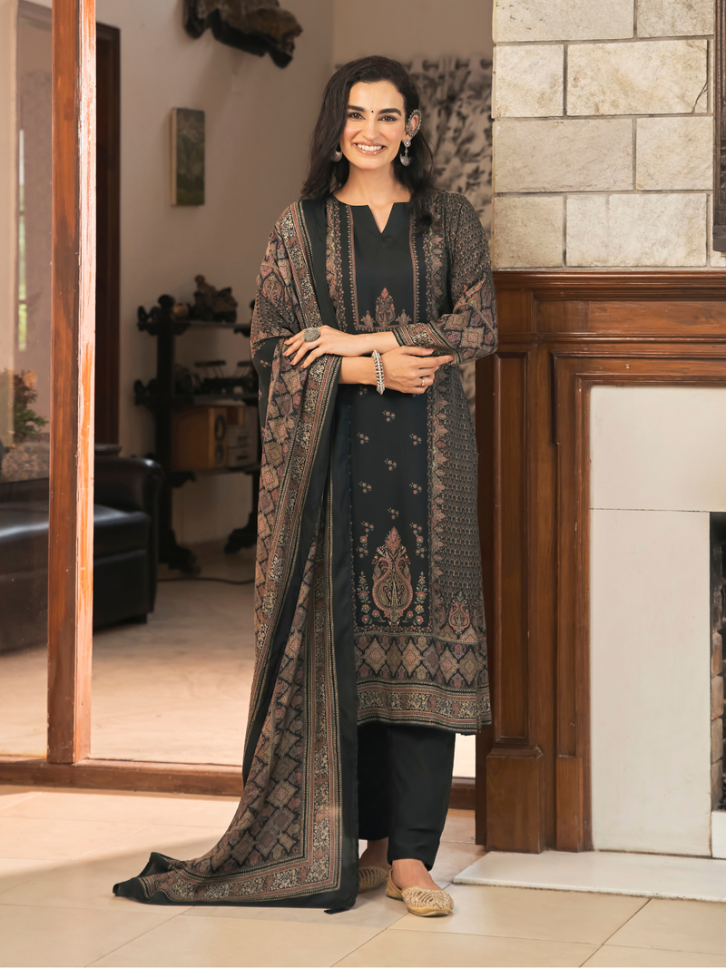 Black Kashmiri Print Winter Wear Unstitched Suit Set with Shawl