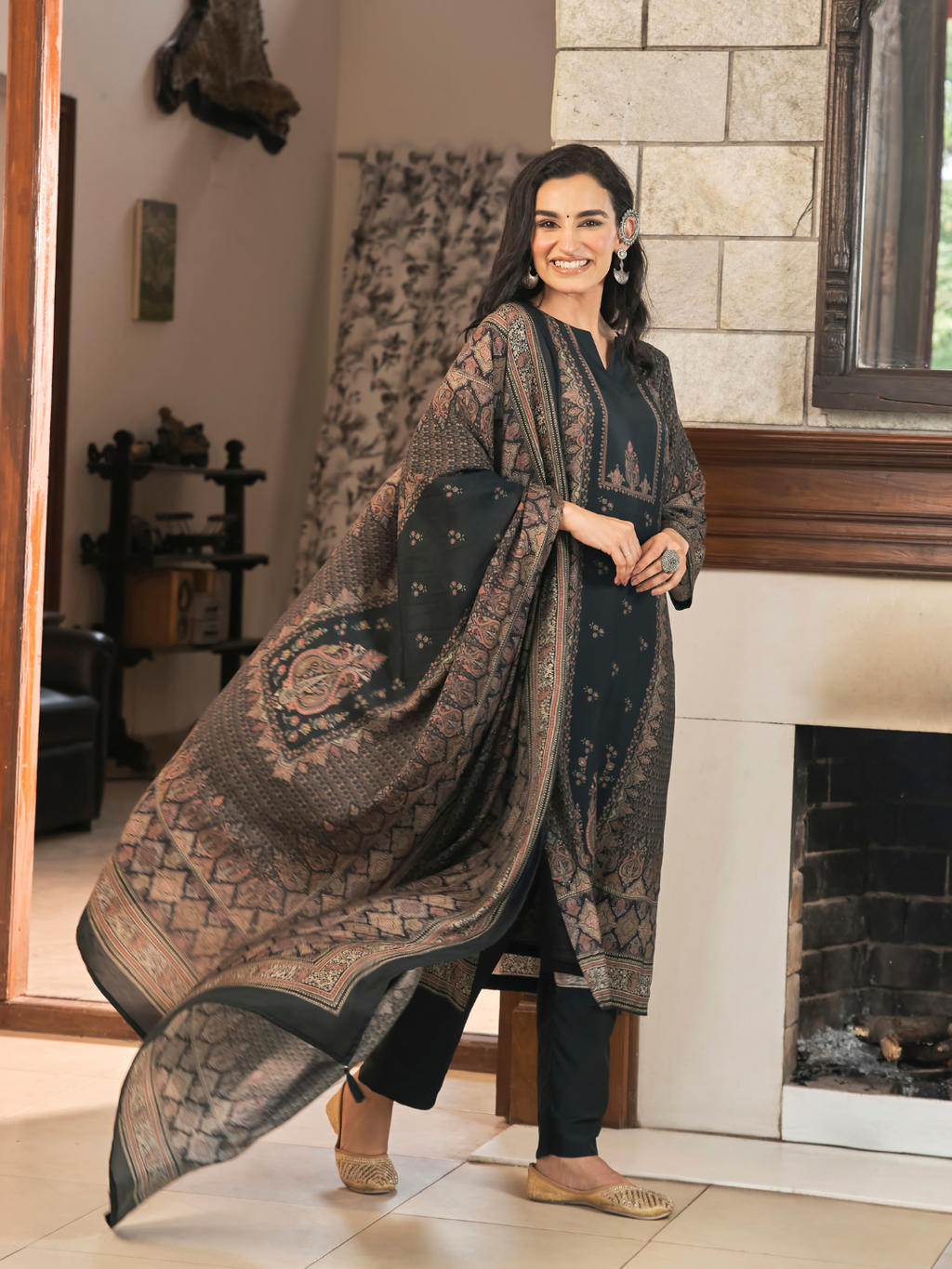 Black Kashmiri Print Winter Wear Unstitched Suit Set with Shawl