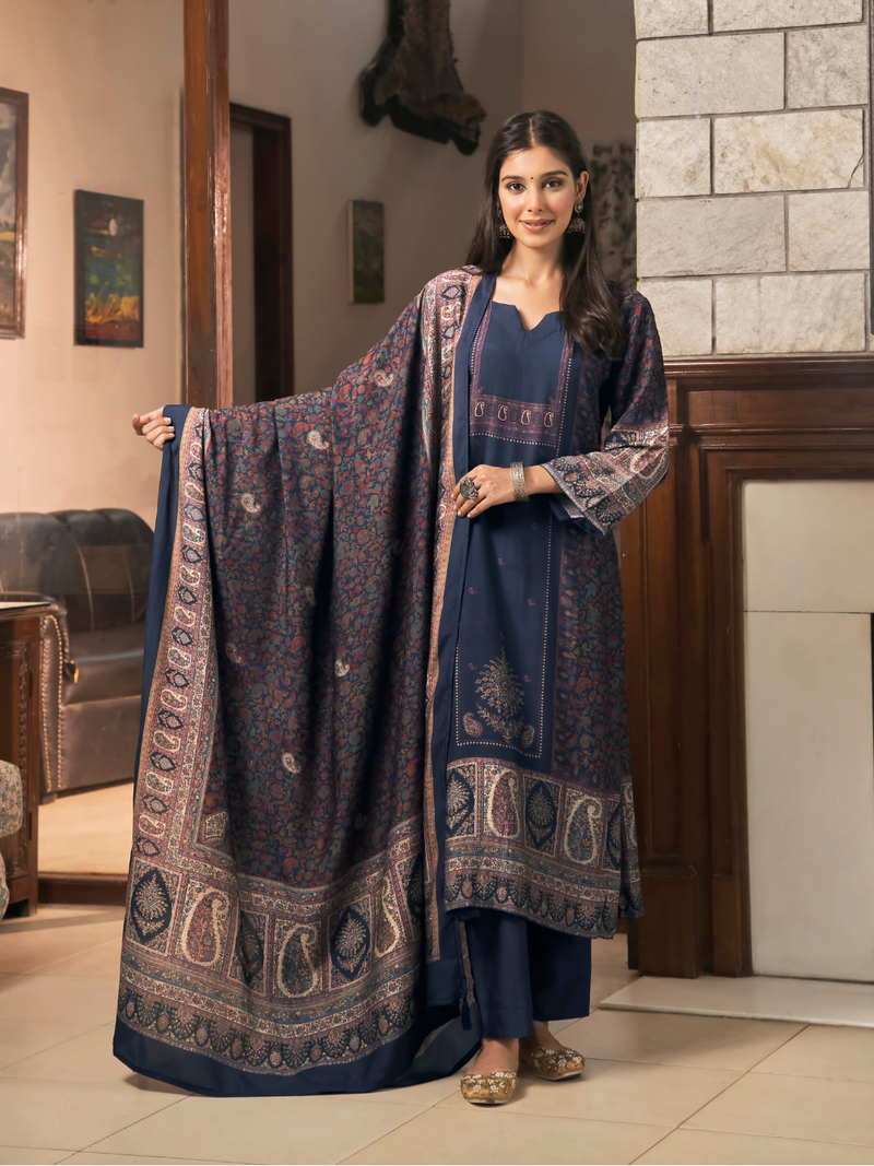 Royal Blue Kashmiri Print Winter Wear Unstitched Suit Set with Shawl