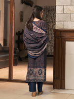Royal Blue Kashmiri Print Winter Wear Unstitched Suit Set with Shawl