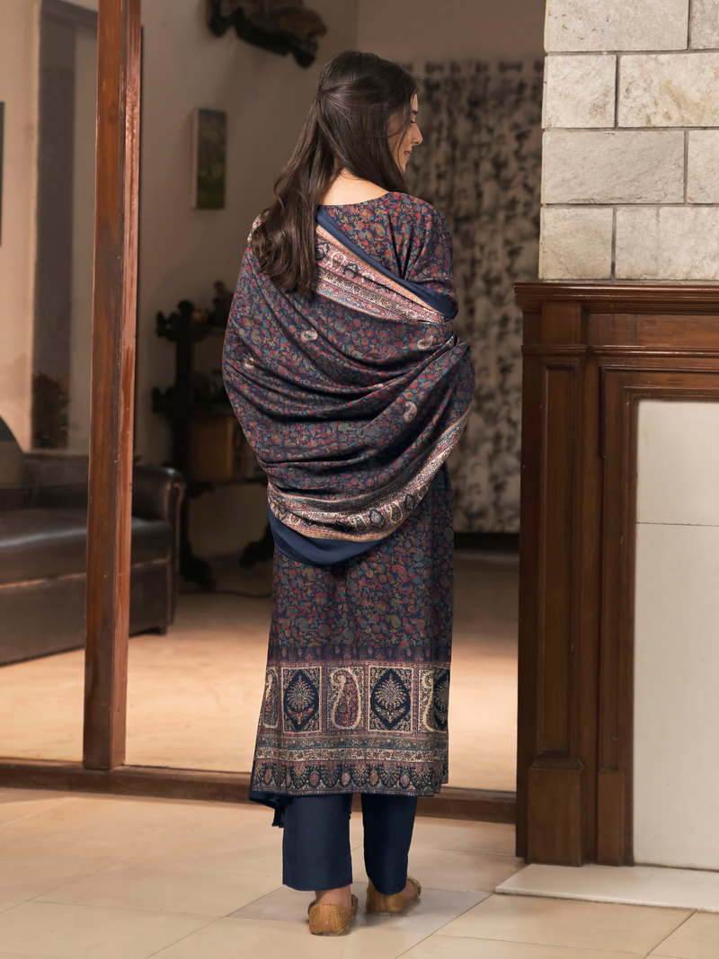 Royal Blue Kashmiri Print Winter Wear Unstitched Suit Set with Shawl