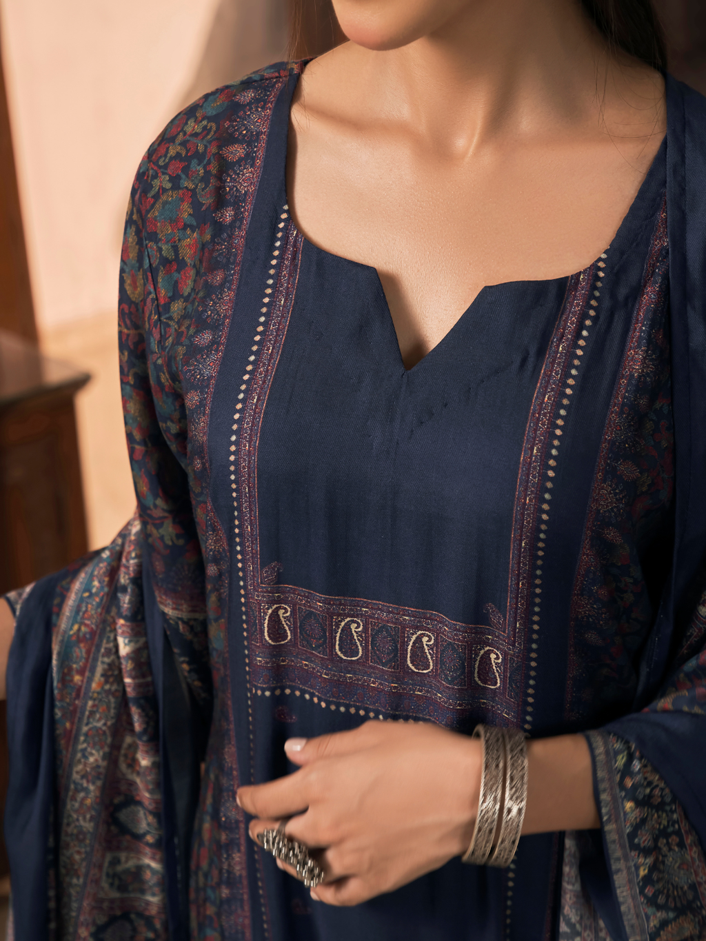 Royal Blue Kashmiri Print Winter Wear Unstitched Suit Set with Shawl