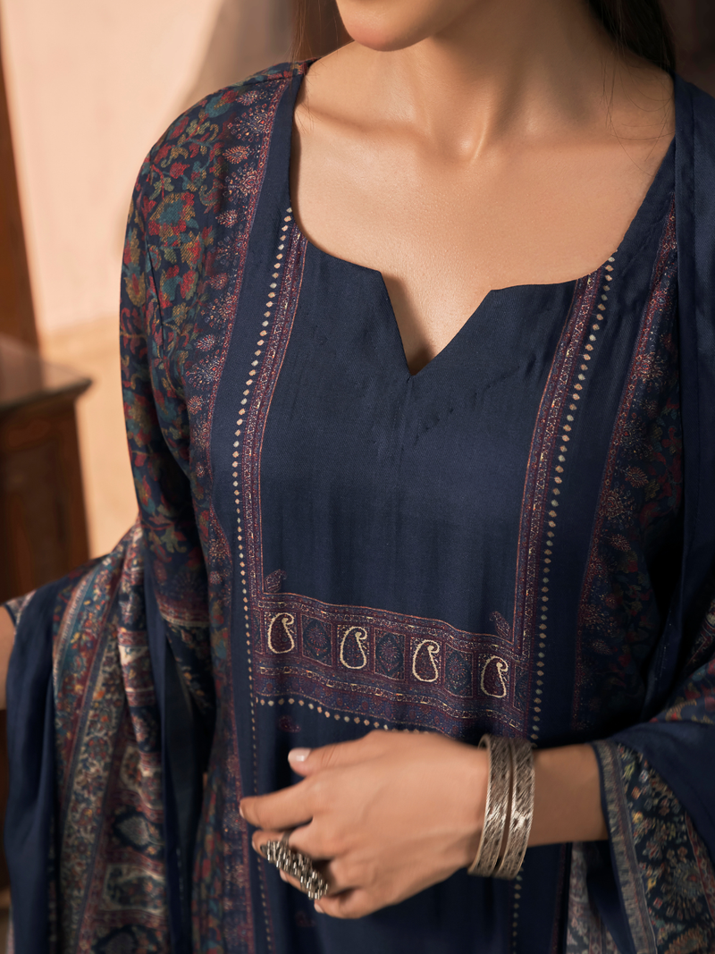 Royal Blue Kashmiri Print Winter Wear Unstitched Suit Set with Shawl