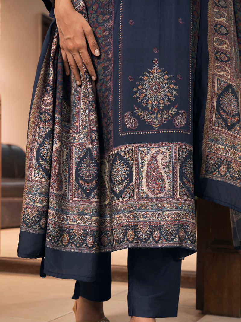 Royal Blue Kashmiri Print Winter Wear Unstitched Suit Set with Shawl