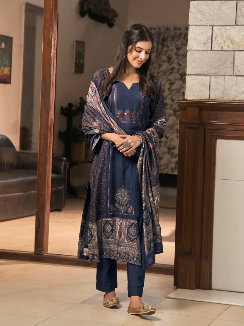Royal Blue Kashmiri Print Winter Wear Unstitched Suit Set with Shawl