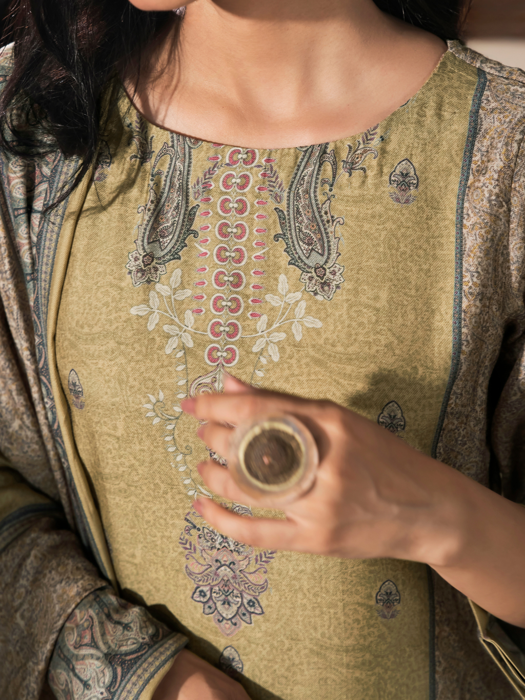 Olive Dusk Kashmiri Print Winter Wear Unstitched Suit Set with Shawl