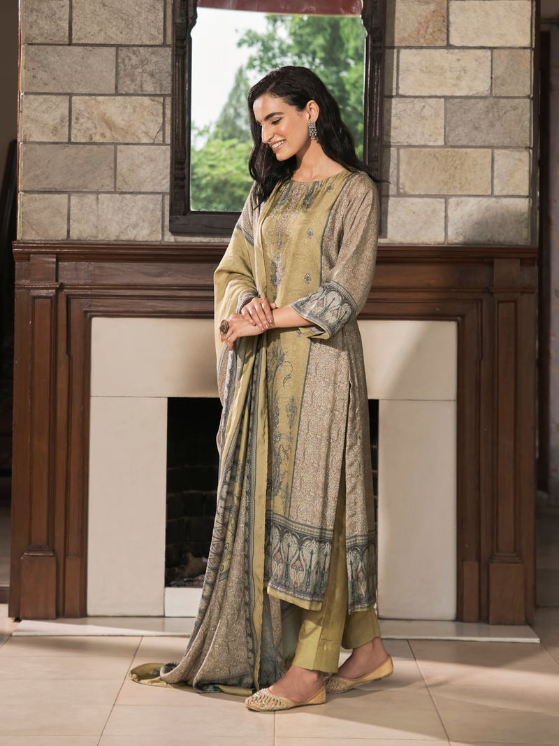 Olive Dusk Kashmiri Print Winter Wear Unstitched Suit Set with Shawl