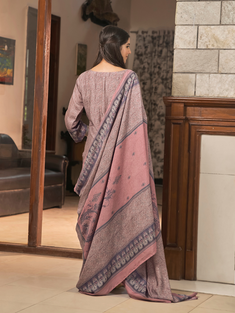 Dusky Pink Kashmiri Print Winter Wear Unstitched Suit Set with Shawl