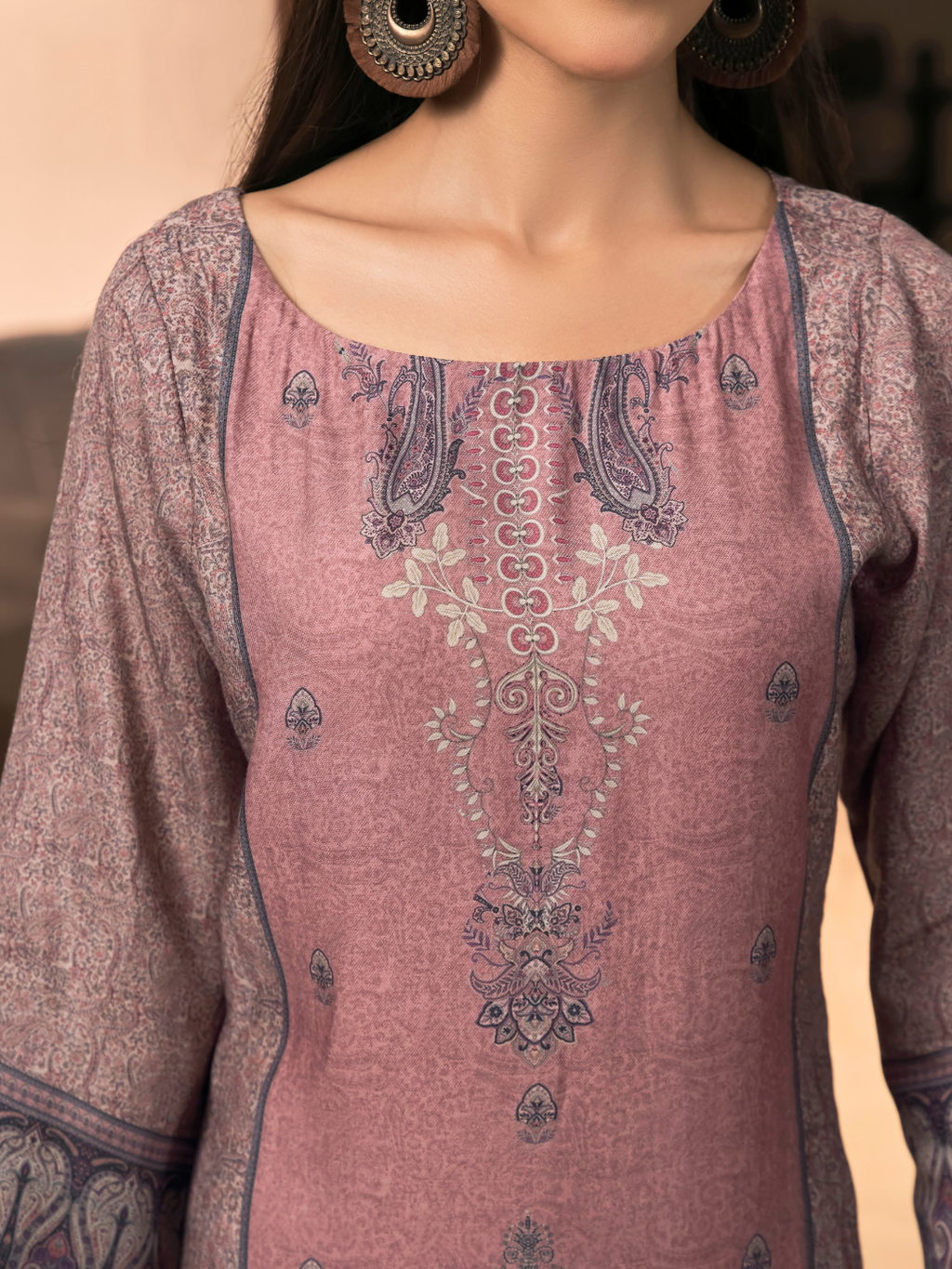 Dusky Pink Kashmiri Print Winter Wear Unstitched Suit Set with Shawl