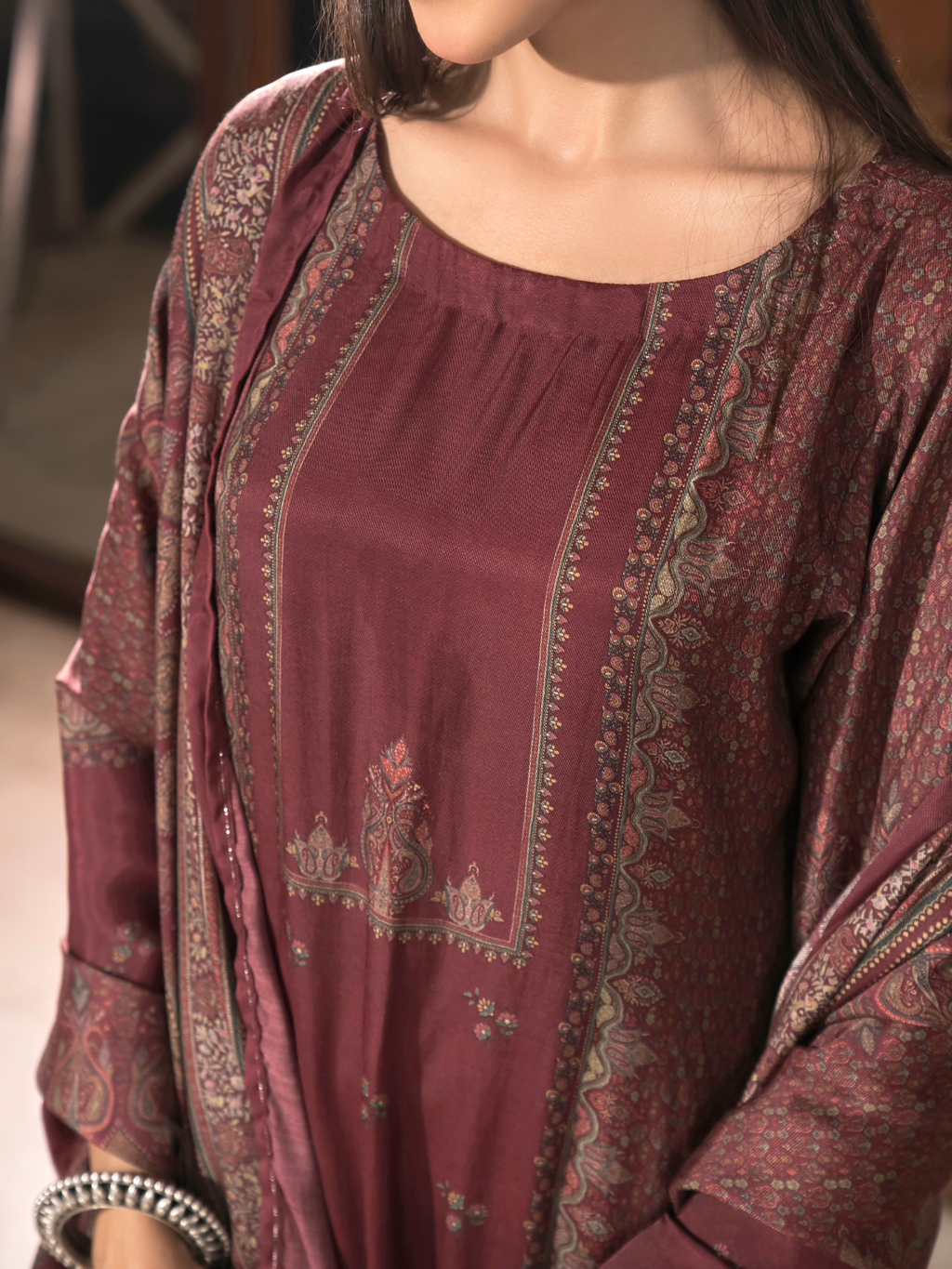Royal Ruby Kashmiri Print Winter Wear Unstitched Suit Set with Shawl