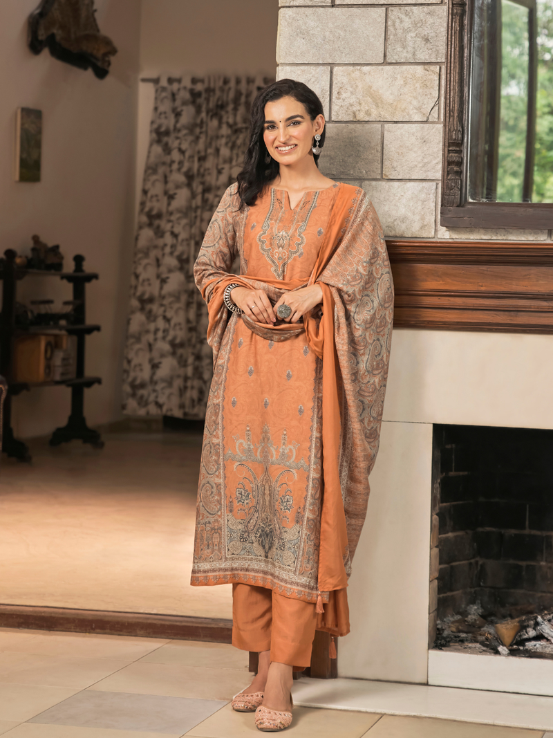 Tangerine Kashmiri Print Winter Wear Unstitched Suit Set with Shawl
