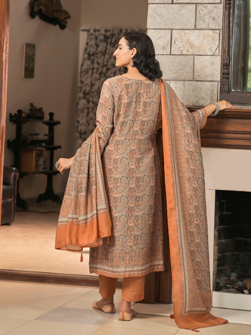 Tangerine Kashmiri Print Winter Wear Unstitched Suit Set with Shawl