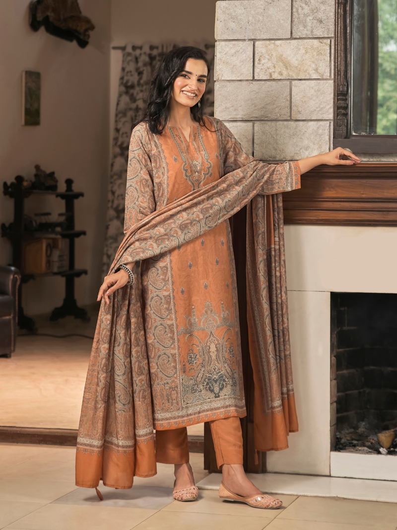 Tangerine Kashmiri Print Winter Wear Unstitched Suit Set with Shawl