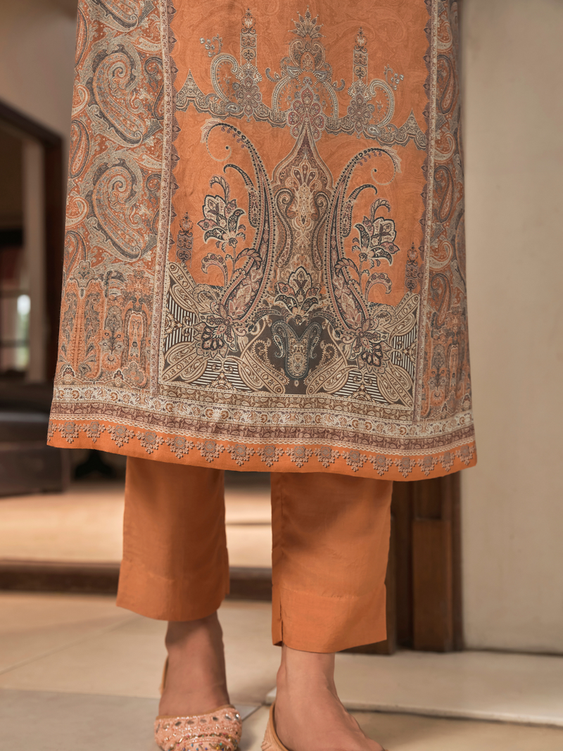 Tangerine Kashmiri Print Winter Wear Unstitched Suit Set with Shawl
