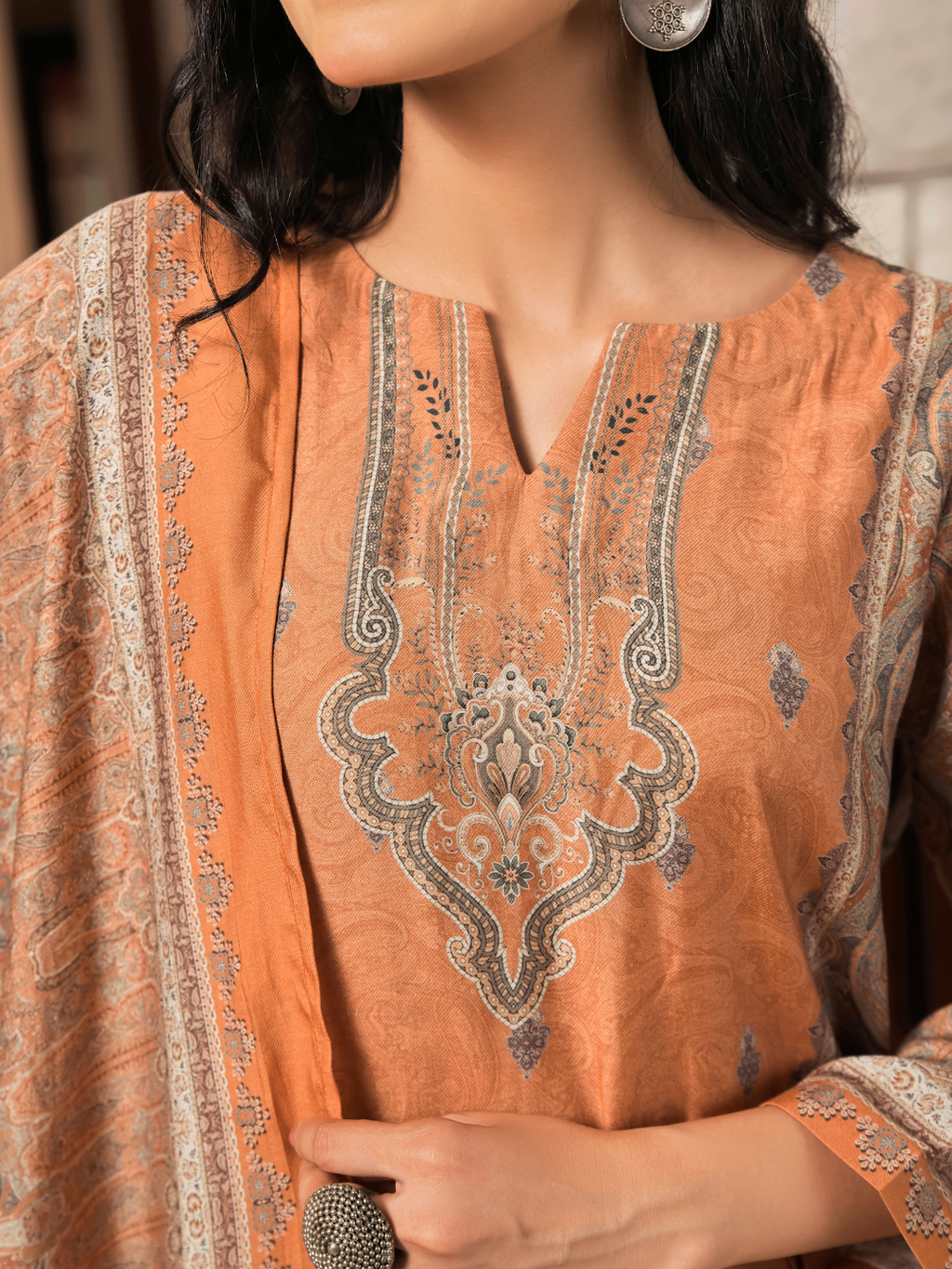 Tangerine Kashmiri Print Winter Wear Unstitched Suit Set with Shawl