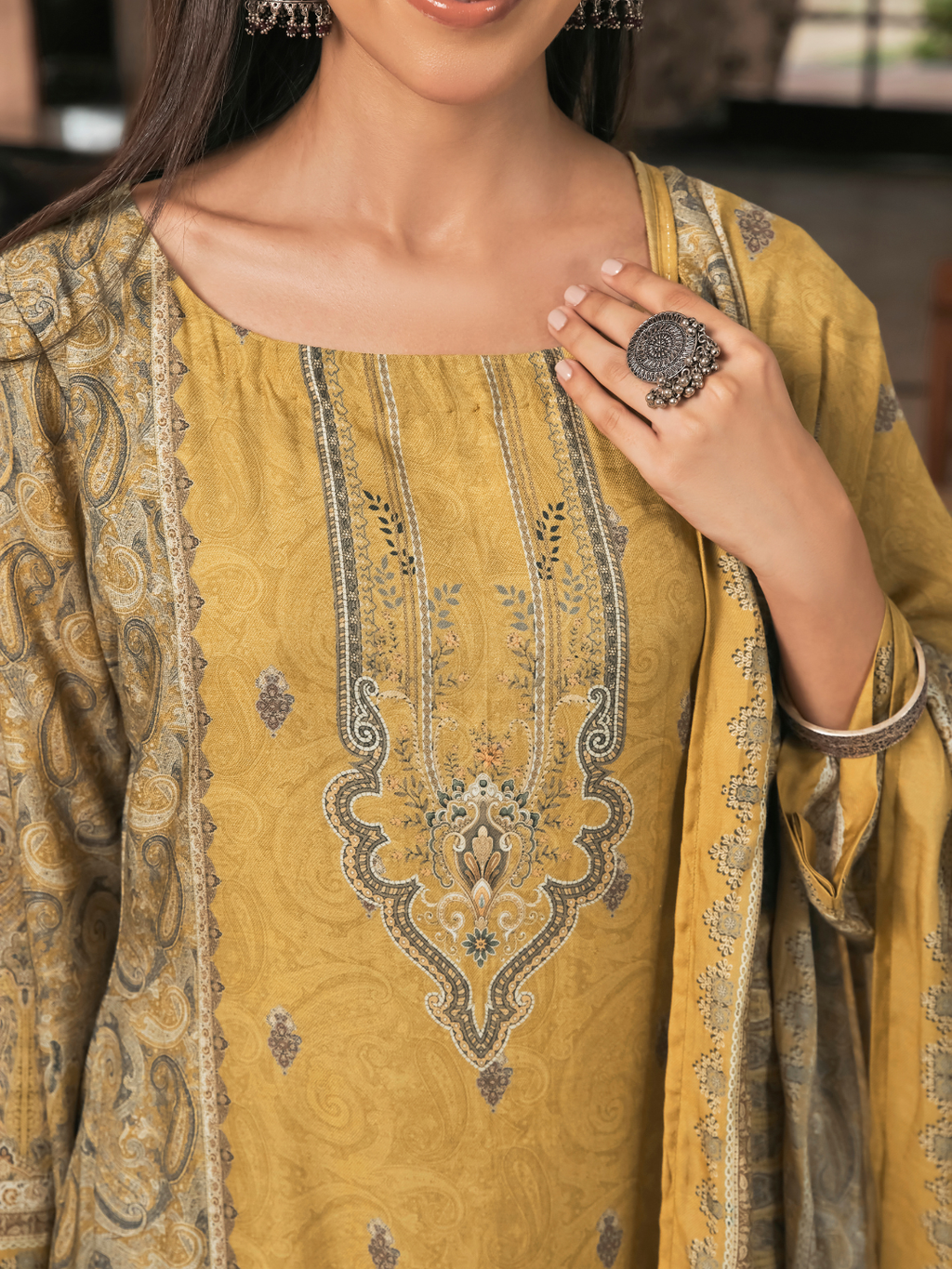 Mustard Kashmiri Print Winter Wear Unstitched Suit Set with Shawl