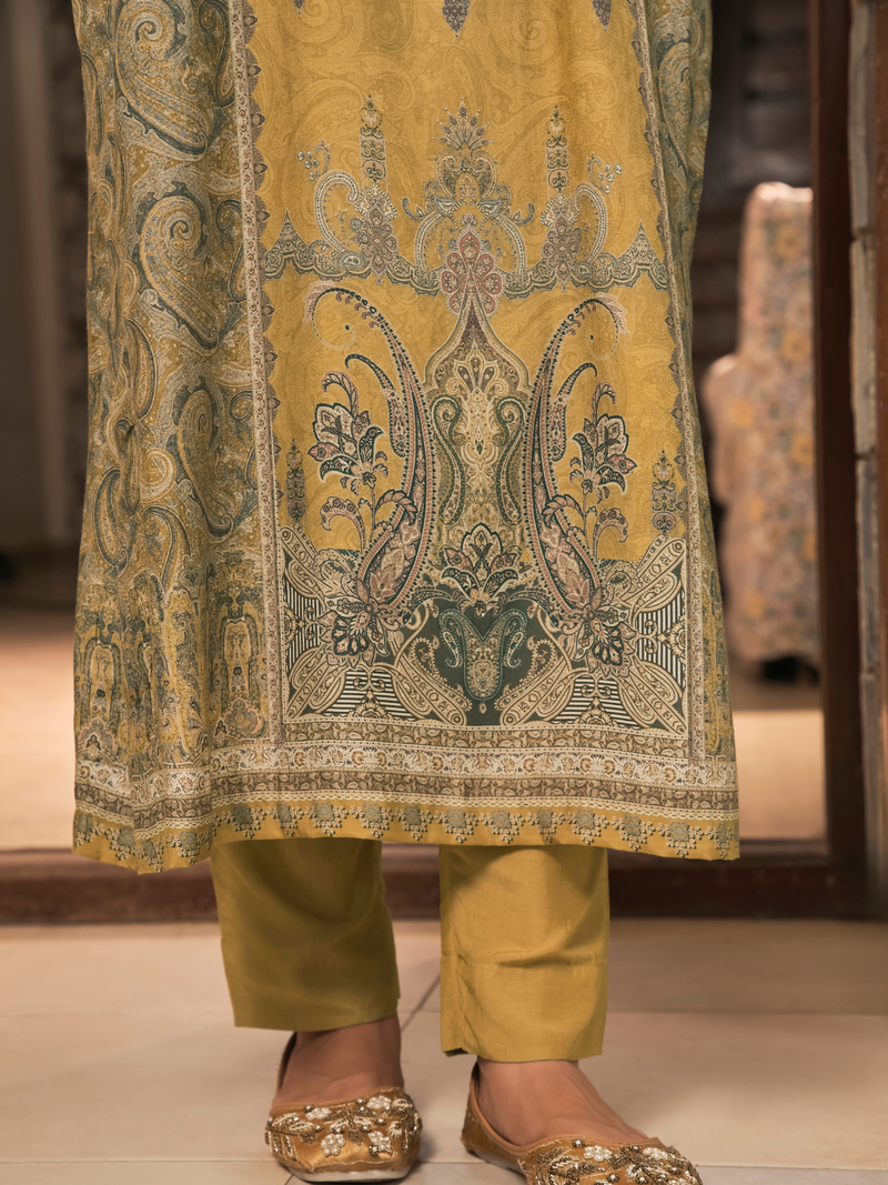 Mustard Kashmiri Print Winter Wear Unstitched Suit Set with Shawl