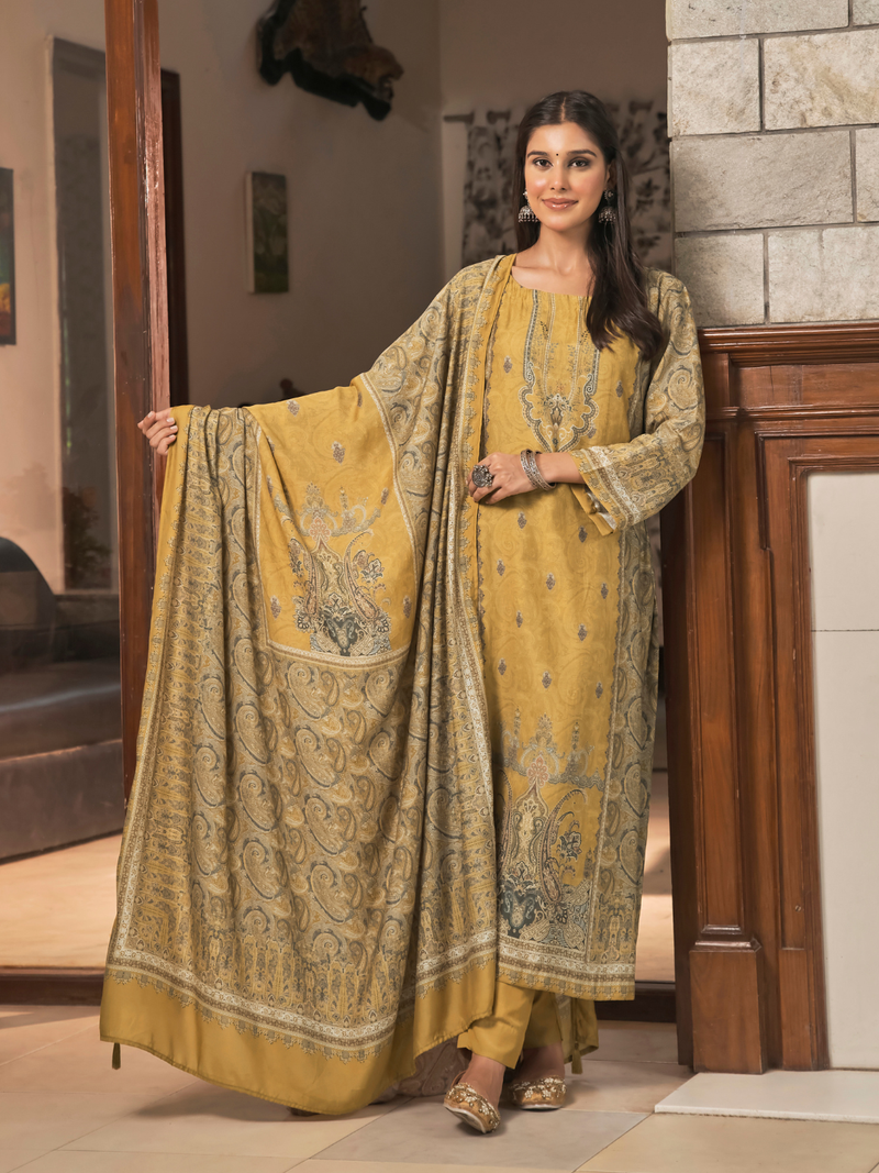 Mustard Kashmiri Print Winter Wear Unstitched Suit Set with Shawl