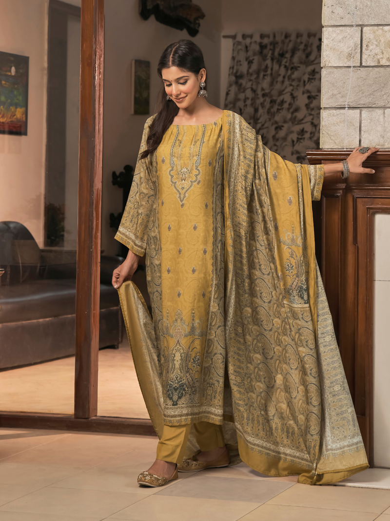 Mustard Kashmiri Print Winter Wear Unstitched Suit Set with Shawl