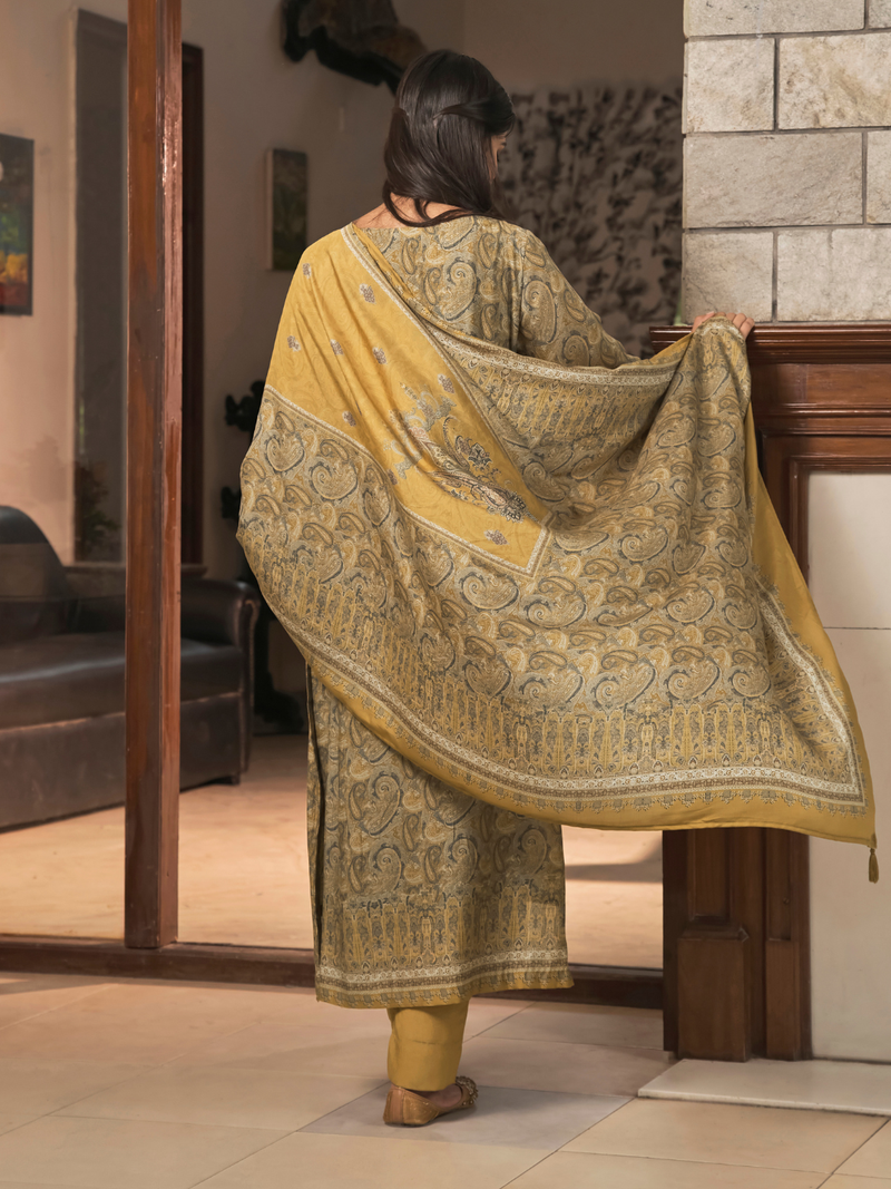 Mustard Kashmiri Print Winter Wear Unstitched Suit Set with Shawl