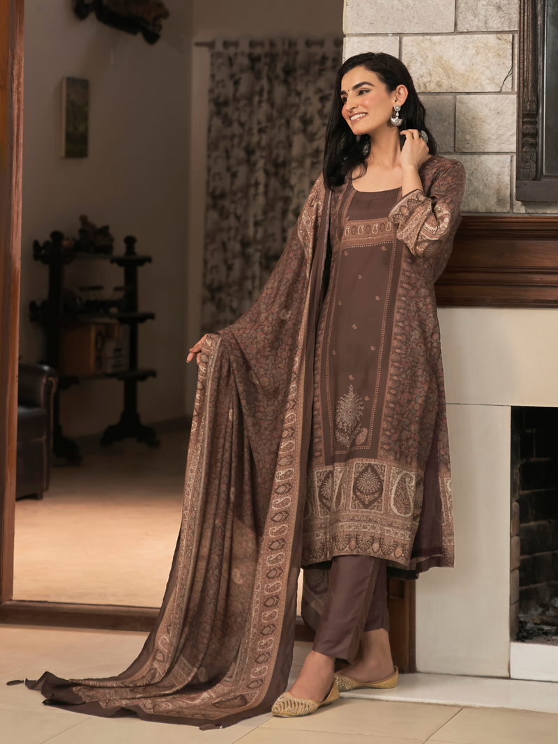 Dark Mocha Kashmiri Print Winter Wear Unstitched Suit Set with Shawl