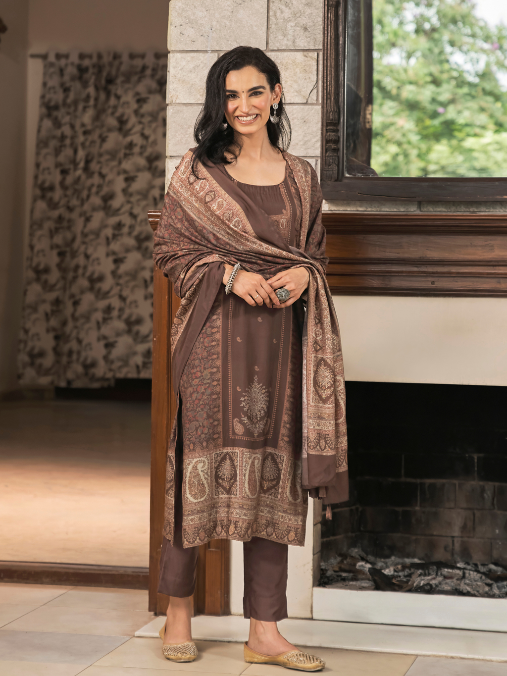 Dark Mocha Kashmiri Print Winter Wear Unstitched Suit Set with Shawl