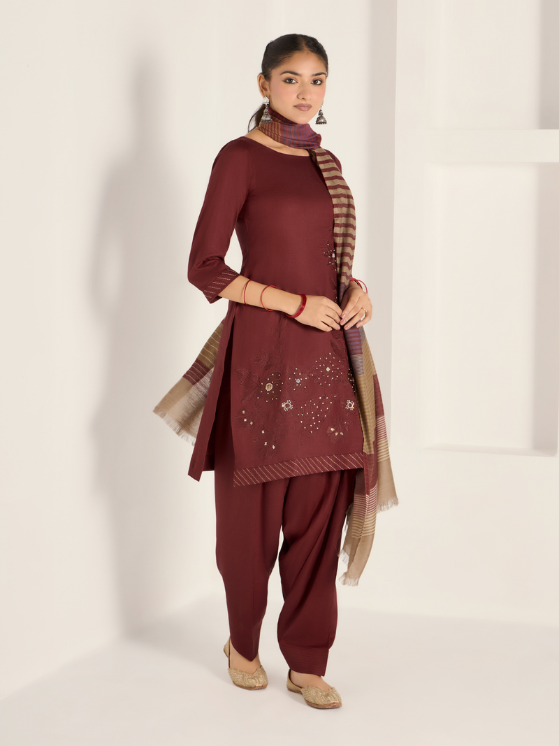 Deep Maroon Pure Wool Hand-Embroidered Unstitched Suit Set