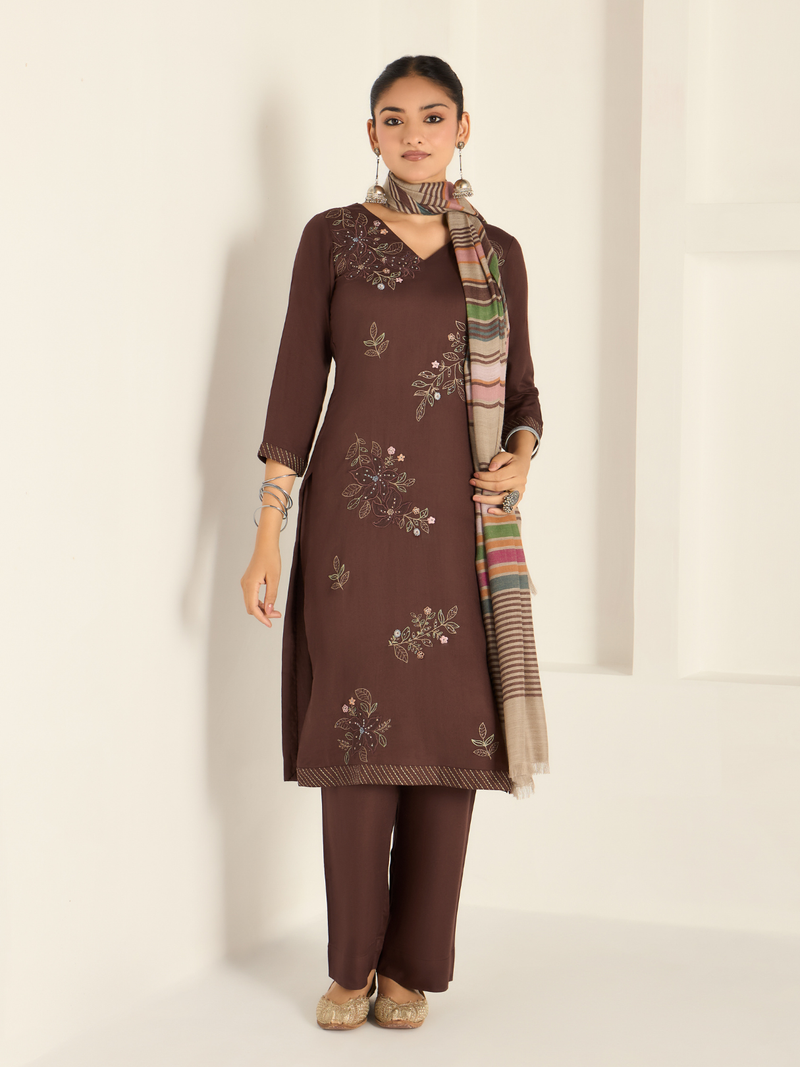 Deep Mocha Pure Wool Hand-Embroidered Unstitched Suit Set