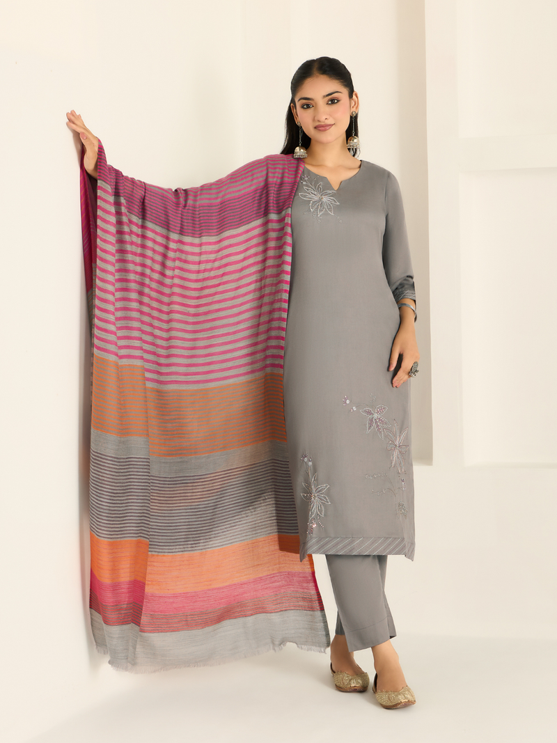Grey Pure Wool Hand-Embroidered Unstitched Suit Set