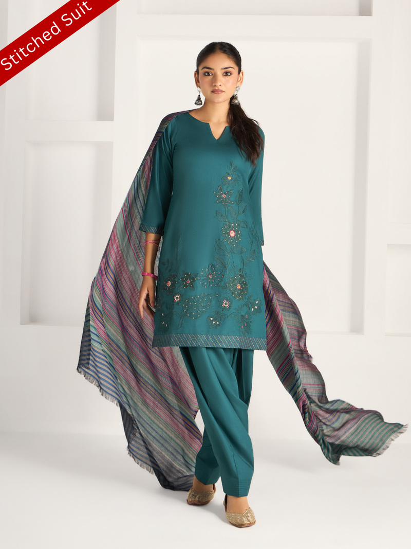 Teal-Green Pure Wool Hand-Embroidered Stitched Suit Set