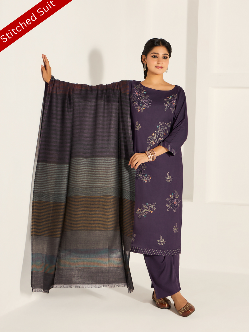 Deep-Purple Pure Wool Hand-Embroidered Stitched Suit Set