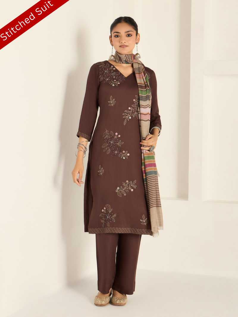 Deep Mocha Pure Wool Hand-Embroidered Stitched Suit Set