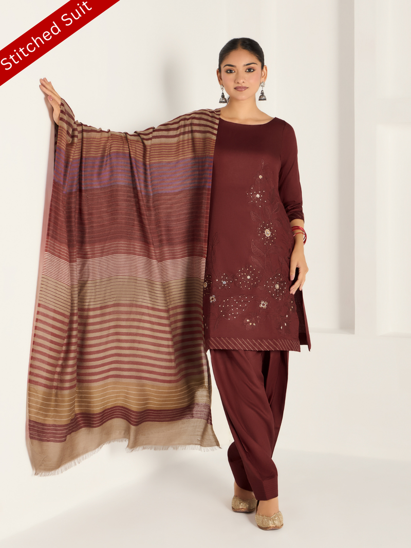 Deep Maroon Pure Wool Hand-Embroidered Stitched Suit Set