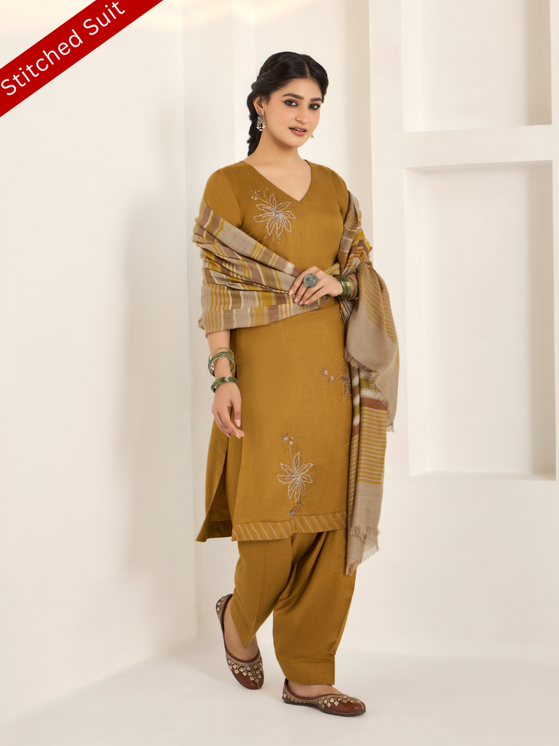 Mustard Pure Wool Hand-Embroidered Stitched Suit Set