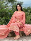 Coral Peach Silk Unstitched Suit Set with Patch & Hand Embroidered