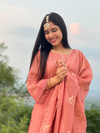 Coral Peach Silk Unstitched Suit Set with Patch & Hand Embroidered