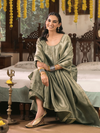 Olive Jamawar Silk Unstitched Suit Set with Golden Embroidery