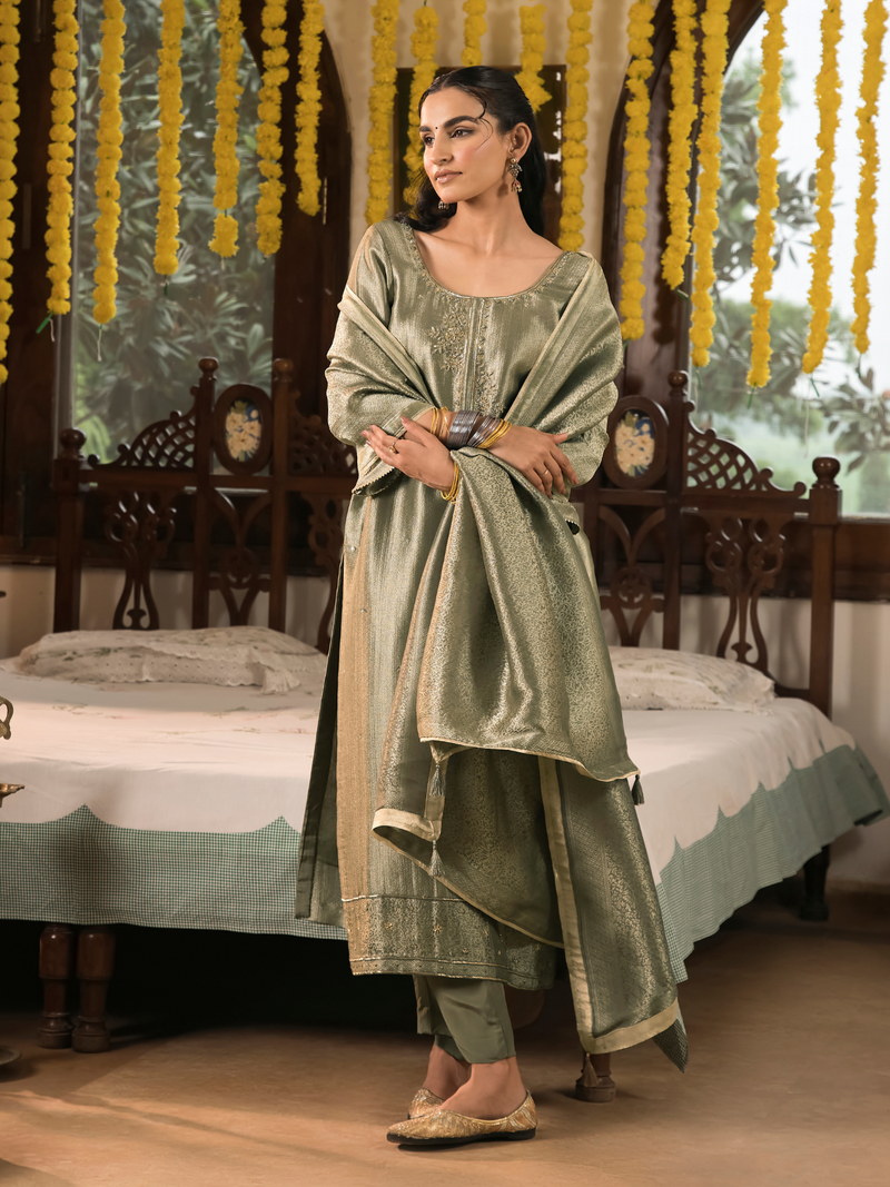 Olive Jamawar Silk Unstitched Suit Set with Golden Embroidery