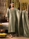 Olive Jamawar Silk Stitched Suit Set with Golden Embroidery