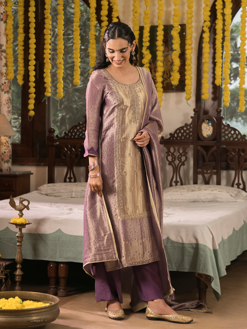 Dusky Plum Jamawar Silk Unstitched Suit Set with Golden Embroidery